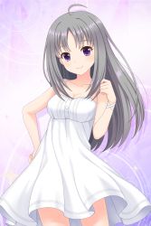 Rule 34 | 1girl, absurdres, ahoge, alternative girls, bare shoulders, blush, bracelet, breasts, buttons, cowboy shot, dress, grey hair, highres, jewelry, kira sayuri, long hair, looking at viewer, medium breasts, official art, parted bangs, purple background, purple eyes, simple background, smile, standing, white dress