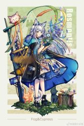 Rule 34 | 1girl, animal ear fluff, animal ears, arknights, blue hair, book, boots, bouquet, cat, cat ears, cat tail, coat, dress, flower, flower in pocket, full body, grass, green eyes, headpiece, highres, holding, holding bouquet, mizupein, open book, pocket, rhodes island logo (arknights), rosmontis (arknights), see-through, see-through dress, signpost, simple background, standing, tail, tail around own leg, tree stump, white hair
