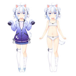 Rule 34 | 1girl, ahoge, animal ears, asymmetrical legwear, bare arms, bare shoulders, black ribbon, blue eyes, blue hair, blue jacket, bow, bow bra, bow panties, bra, clothes writing, commentary request, copyright request, crescent, crescent hair ornament, double bun, drawstring, english text, full body, gluteal fold, hair bun, hair ornament, hair ribbon, hands up, highres, jacket, long sleeves, multicolored hair, navel, panties, pigeon-toed, pleated skirt, puffy long sleeves, puffy sleeves, purple footwear, purple skirt, ribbon, sakuraba hikaru (loveindog), shirt, shoes, simple background, skirt, sleeves past fingers, sleeves past wrists, standing, star (symbol), star hair ornament, streaked hair, striped bra, striped clothes, striped panties, tail, thighhighs, two side up, underwear, underwear only, vertical-striped bra, vertical-striped clothes, vertical-striped panties, white background, white bra, white hair, white panties, white shirt, white thighhighs