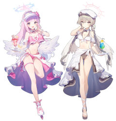 Rule 34 | 2girls, ainy, alternate costume, alternate hairstyle, angel wings, beret, bikini, blue archive, braid, breasts, brown eyes, brown hair, cleavage, closed mouth, collarbone, full body, halo, hat, long braid, long hair, looking at viewer, medium breasts, mika (blue archive), multiple girls, nagisa (blue archive), open mouth, parfait, pink hair, ponytail, swimsuit, tray, twin braids, visor cap, white background, wings