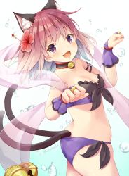 Rule 34 | animal ears, bell, bikini, breasts, cat ears, cat girl, cat tail, cleavage, collar, fang, flower, frills, gradient hair, hair flower, hair ornament, highres, jingle bell, medium breasts, minazuki mizu, multicolored hair, multiple tails, neck bell, paw pose, princess connect!, purple eyes, purple hair, smile, standing, swimsuit, tail, tamaki (princess connect!), twisted torso, two tails