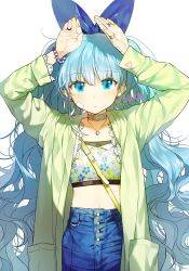 Rule 34 | 1girl, arms up, artist name, bandaid, bandaid on face, bandaid on hand, blue eyes, blue hair, blue ribbon, bracelet, buttons, choker, coat, cowboy shot, denim, earrings, floral print, hair ribbon, heart, heart earrings, jeans, jewelry, lace-trimmed sleeves, lace trim, long hair, long sleeves, looking at viewer, midriff, necklace, original, pants, pocket, rabbit pose, ribbon, ring, simple background, solo, strapless, sukja, tube top, twintails, very long hair, wavy hair, white background