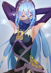 Rule 34 | 1girl, armpit focus, armpits, arms behind head, azura (fire emblem), azura (performing arts) (fire emblem), black dress, black panties, black sleeves, blue hair, blush, breasts, closed mouth, clothing cutout, commentary request, detached collar, detached sleeves, dress, fire emblem, fire emblem fates, fire emblem heroes, gold trim, hair between eyes, hair tubes, headdress, highres, long hair, looking at viewer, medium breasts, mouth veil, nintendo, official alternate costume, panties, partial commentary, presenting armpit, solo, sweat, underwear, user whku4538, veil, very long hair, yellow eyes