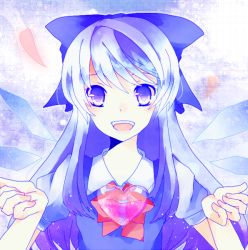 Rule 34 | 1girl, alternate hair length, alternate hairstyle, artist request, bad id, bad pixiv id, blue eyes, blue hair, cirno, happy, heart, long hair, matching hair/eyes, open mouth, ribbon, segawa (aozoranono), solo, embodiment of scarlet devil, touhou
