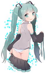 Rule 34 | 1girl, ass, bad id, bad pixiv id, clothes pull, detached sleeves, female focus, from behind, green eyes, green hair, green panties, hatsune miku, long hair, looking at viewer, looking back, matching hair/eyes, open clothes, open skirt, panties, skirt, skirt pull, solo, striped clothes, striped panties, transparent background, twintails, underwear, uttao, very long hair, vocaloid