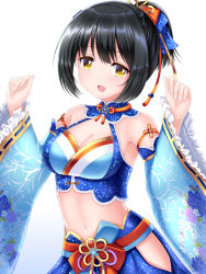 Rule 34 | 1girl, :d, bare shoulders, black hair, blue background, blue skirt, blue sleeves, breasts, cleavage, commentary request, crop top, detached sleeves, floral print, frilled sleeves, frills, gradient background, hands up, highres, idolmaster, idolmaster cinderella girls, long sleeves, looking at viewer, medium breasts, midriff, navel, open mouth, ponytail, print sleeves, sidelocks, skirt, sleeves past wrists, smile, solo, takafuji kako, u2 (5798239), white background, wide sleeves, yellow eyes