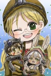 Rule 34 | 10s, 1boy, 2girls, animal ears, blonde hair, blush, fur, glasses, green eyes, hat, helmet, looking at viewer, made in abyss, multiple girls, nanachi (made in abyss), navel, open mouth, regu (made in abyss), riko (made in abyss), twintails, whiskers, white hair, yellow eyes