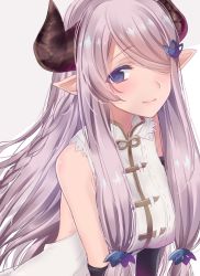 Rule 34 | 10s, 1girl, asa (coco), asymmetrical gloves, black gloves, blue eyes, blush, braid, breasts, draph, elbow gloves, from side, gloves, granblue fantasy, hair ornament, hair over one eye, horns, large breasts, light purple hair, long hair, looking at viewer, narmaya (granblue fantasy), pointy ears, single braid, sleeveless, solo, uneven gloves, upper body