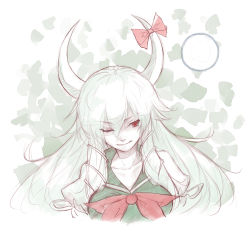 Rule 34 | 1girl, bow, breasts, collarbone, commentary request, dress, ex-keine, female focus, full moon, green dress, horn ornament, horn ribbon, horns, hoshibuchi, kamishirasawa keine, large breasts, long hair, looking to the side, moon, one eye closed, pale color, red eyes, ribbon, smile, solo, touhou, upper body, white hair