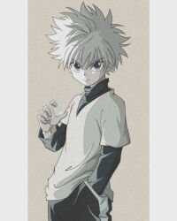 Rule 34 | 1boy, absurdres, child, electricity, electrokinesis, enoki (gongindon), hand in pocket, highres, hunter x hunter, killua zoldyck, long sleeves, looking at viewer, male focus, nen (hunter x hunter), official style, serious, shirt, short hair, simple background, solo, spiked hair, white hair, white shirt