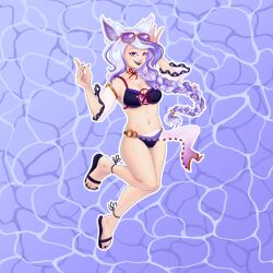 1girl absurdres animal_ear_fluff animal_ears bikini braid breasts eyewear_on_head flip-flops flower fox_ears highres indie_virtual_youtuber long_braid long_hair navel purple-tinted_eyewear purple_bikini purple_eyes purple_nails sandals solo sssssick sunglasses swimsuit teeth tinted_eyewear upper_teeth_only virtual_youtuber vulpixie_(vtuber) wavy_background