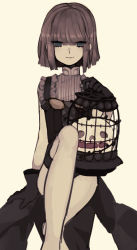 Rule 34 | 1boy, black gloves, blunt bangs, bob cut, brown hair, closed mouth, dress, gloves, green eyes, gretel (sinoalice), hansel (sinoalice), holding, legband, looking at viewer, male focus, sigatu r, simple background, sinoalice, tan background, trap