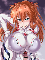 Rule 34 | 1boy, 1girl, alternate breast size, arm support, bar censor, bent over, blue eyes, blush, bodysuit, breasts, censored, erection, evangelion: 3.0+1.0 thrice upon a time, glowing, glowing eye, green eyes, heavy breathing, hetero, heterochromia, highres, huge breasts, interface headset, long hair, looking another, looking at viewer, neon genesis evangelion, orange hair, penis, pilot suit, plugsuit, puripuri jet, rebuild of evangelion, shiny clothes, shiny skin, smile, solo focus, souryuu asuka langley, tsundere, twintails, two side up, veins, veiny penis, white bodysuit