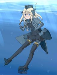 Rule 34 | 10s, 1girl, akito (sub707), black thighhighs, blonde hair, blue eyes, boots, cropped jacket, eel, garrison cap, gradient background, hat, kantai collection, long hair, military, military uniform, puffy sleeves, solo, thigh boots, thighhighs, u-511 (kancolle), underwater, uniform
