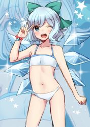 Rule 34 | 1girl, ;d, akagi kurage, alternate costume, arm at side, bead bracelet, beads, bikini, blue background, blue eyes, blue hair, blush, bow, bracelet, cirno, clenched hand, cowboy shot, detached wings, flat chest, green bow, hair bow, hand up, happy, highres, ice, ice wings, jewelry, legs apart, looking at viewer, matching hair/eyes, navel, one eye closed, open mouth, short hair, silver hair, sketch, smile, solo, sparkle, standing, star (symbol), swimsuit, touhou, v, white bikini, wings, zoom layer