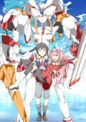 Rule 34 | 10s, 1boy, 1girl, absurdres, black hair, black pantyhose, blue eyes, blue sky, boots, breasts, brown footwear, carrying, cloud, cloudy sky, couple, darling in the franxx, day, green eyes, hair ornament, hairband, hand on another&#039;s shoulder, hetero, highres, hiro (darling in the franxx), holding legs, horns, long hair, long sleeves, maru sashi, mecha, medium breasts, military, military uniform, necktie, one eye closed, oni horns, orange neckwear, pantyhose, pink hair, princess carry, red horns, red neckwear, robot, shoes, short hair, sky, socks, strelizia, uniform, white footwear, white hairband, zero two (darling in the franxx)
