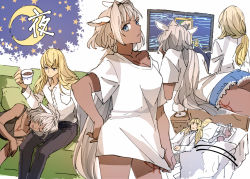 Rule 34 | 1boy, 1girl, blonde hair, blue eyes, caenis (fate), chest tattoo, collarbone, crescent, cup, dark-skinned female, dark skin, fate/grand order, fate (series), grey hair, holding, holding cup, kirschtaria wodime, lap pillow, long hair, low ponytail, multiple views, on bed, ponytail, star (symbol), tattoo, television, tsengyun, under covers, watching television