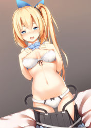 Rule 34 | 1girl, blonde hair, blue bow, blue eyes, blue shirt, blush, bow, bow bra, bow panties, bra, breasts, brown background, clothes lift, clothes pull, collared shirt, commentary request, dutch angle, hair bow, hair tie, half-closed eyes, highres, kneeling, lifting own clothes, long hair, looking at viewer, medium breasts, miniskirt, mirai akari, mirai akari project, navel, open clothes, open mouth, open skirt, panties, pleated skirt, shirt, shirt lift, side ponytail, skirt, skirt pull, sleeveless, sleeveless shirt, smile, solo, suspender skirt, suspenders, tatsumiya kagari, underwear, virtual youtuber, white bra, white panties