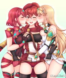 Rule 34 | 3girls, absurdres, anna (fire emblem), artist name, beret, black gloves, black legwear, blonde hair, blush, grabbing another&#039;s breast, breast press, breasts, closed eyes, covered navel, crossover, fff threesome, fingering, fingerless gloves, fire emblem, fire emblem warriors, gloves, grabbing, gradient background, groping, group sex, hat, highres, kiss, kissing cheek, lace, lace panties, lewdlilies, long hair, medium breasts, micro shorts, multigrope, multiple girls, mythra (xenoblade), nintendo, one eye closed, open mouth, panties, pyra (xenoblade), red eyes, red hair, red headwear, red legwear, red panties, short hair, shorts, sleeveless, threesome, tiara, underwear, xenoblade chronicles (series), xenoblade chronicles 2, yuri
