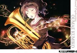 Rule 34 | 1girl, absurdres, artist request, bass clef, beamed eighth notes, beamed sixteenth notes, blush, brown hair, brown shirt, brown skirt, closed eyes, crying, eighth note, euphonium, hibike! euphonium, highres, holding, holding instrument, instrument, kitauji high school uniform, long sleeves, music, musical note, neckerchief, oumae kumiko, playing instrument, pleated skirt, ponytail, red neckerchief, sailor collar, school uniform, serafuku, shirt, short hair, skirt, solo, standing, tears, treble clef, white sailor collar