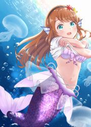 Rule 34 | 1girl, :d, aina1831, blue eyes, blush, bow, bowtie, commentary request, crescent, crescent hair ornament, fins, gem, hair ornament, head fins, highres, jellyfish, jewelry, long hair, looking at viewer, mermaid, monster girl, navel, open mouth, orange hair, original, pearl (gemstone), pink bow, pink bowtie, scales, shell, shell bikini, shirt, smile, solo, sun hair ornament, underwater, undressing, virtual youtuber, white shirt