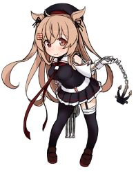 Rule 34 | 1girl, asymmetrical legwear, atsushi (aaa-bbb), beret, black legwear, black serafuku, brown hair, chibi, commentary request, detached sleeves, gloves, hair flaps, hat, heterochromia, kantai collection, leaning forward, long hair, looking at viewer, machinery, murasame (kancolle), school uniform, serafuku, simple background, smile, solo, turret, twintails, two side up, uneven legwear, white gloves