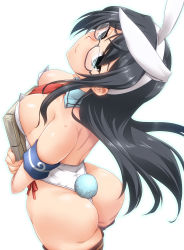 Rule 34 | 1girl, alternate costume, animal ears, aqua eyes, areola slip, armband, ass, back, bare shoulders, between breasts, black-framed eyewear, black hair, blush, book, breasts, cleavage, closed mouth, cropped legs, detached collar, fake animal ears, fake tail, from above, from behind, glasses, hairband, highres, holding, holding book, kantai collection, leotard, long hair, looking at viewer, looking back, looking up, medium breasts, necktie, necktie between breasts, ooyodo (kancolle), playboy bunny, rabbit ears, rabbit tail, red necktie, semi-rimless eyewear, shiny skin, simple background, smile, solo, standing, straight hair, strapless, strapless leotard, tail, thighhighs, under-rim eyewear, white background, white hairband, white leotard, yoshi tama