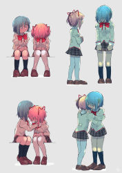 Rule 34 | 2girls, black legwear, black skirt, blue eyes, blue hair, breasts, brown footwear, clenched hand, clenched hands, commentary request, covered face, crying, facing away, facing viewer, full body, furrowed brow, grey background, hair ornament, hair over eyes, hair over one eye, hair ribbon, hairclip, hand on another&#039;s shoulder, hands on another&#039;s back, hands on own leg, head down, highres, hug, juliet sleeves, kaname madoka, kirikuchi riku, knees together feet apart, loafers, long sleeves, looking at another, mahou shoujo madoka magica, mahou shoujo madoka magica (anime), miki sayaka, mitakihara school uniform, multiple girls, neck ribbon, pink hair, plaid, plaid skirt, profile, puffy sleeves, red ribbon, ribbon, school uniform, shoes, short hair, side-by-side, simple background, sitting, skirt, small breasts, socks, standing, streaming tears, tears, thighhighs, twintails, uniform, white thighhighs, worried