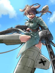 Rule 34 | 1girl, animal ears, balkenkreuz, brown hair, coat, cross, dog ears, eric flay, artistic error, gertrud barkhorn, gun, hair ribbon, military, military coat, military uniform, open mouth, panties, ribbon, solo, strike witches, striker unit, twintails, underwear, uniform, weapon, weapon request, world witches series, yellow eyes
