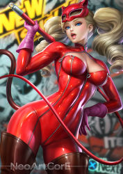 Rule 34 | 1girl, atlus, black thighhighs, blonde hair, blue eyes, bodysuit, breasts, cleavage, earrings, gloves, hand on own hip, hip focus, jewelry, latex, latex gloves, latex suit, long hair, looking at viewer, medium breasts, neoartcore, open mouth, persona, persona 5, pink gloves, red bodysuit, sega, shiny clothes, signature, skin tight, solo, takamaki anne, teeth, thighhighs, thighs, twintails, whip, wide hips, zipper