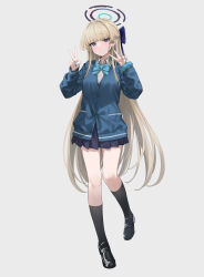 Rule 34 | 1girl, absurdres, alternate costume, black socks, blonde hair, blue archive, blue cardigan, blush, cardigan, double v, flat chest, full body, grey background, halo, highres, koisuke, looking at viewer, school uniform, shirt, shoes, simple background, socks, solo, standing, standing on one leg, toki (blue archive), v, white shirt