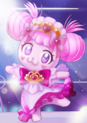Rule 34 | alternate hairstyle, double bun, go! princess precure, gradient background, hair bun, haruyama kazunori, heart, looking at viewer, no humans, outstretched arms, pink hair, precure, princess, puff (go! princess precure), purple eyes, short hair, solo, tiara