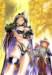 Rule 34 | 1990s (style), 2girls, araizumi rui, armlet, armor, belt, bikini, blue eyes, blush, breasts, cape, circlet, cleavage, crossed arms, earrings, gloves, hand on own hip, hip focus, jewelry, large breasts, lina inverse, long hair, multiple girls, naga the serpent, non-web source, orange hair, outdoors, purple hair, red eyes, retro artstyle, sheath, slayers, smile, spandex, swimsuit, sword, thigh strap, tree, weapon