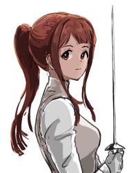 Rule 34 | 1girl, closed mouth, fencing suit, gloves, grey gloves, holding, holding weapon, idolmaster, idolmaster million live!, ponytail, rapier, red eyes, red hair, sidelocks, simple background, solo, sword, tanaka kotoha, ushimochi, weapon, white background