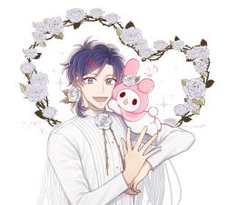 Rule 34 | 10s, 1boy, :d, bad id, bad pixiv id, blue eyes, character name, dated, flower, hair flower, hair ornament, hair tie, highres, ho nyang12, looking at viewer, male focus, mizuno yuu, musical note, my melody, onegai my melody, open mouth, purple hair, quaver, rose, sanrio, sanrio danshi, smile, solo, sparkle, thorns, upper body, white flower