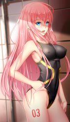 Rule 34 | 1girl, adjusting clothes, adjusting swimsuit, aqua eyes, black one-piece swimsuit, breasts, competition swimsuit, covered erect nipples, cowboy shot, geduan, highleg, highleg swimsuit, highres, long hair, looking at viewer, medium breasts, megurine luka, one-piece swimsuit, open mouth, pink hair, solo, standing, swimsuit, vocaloid