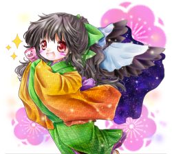Rule 34 | 1girl, alternate costume, bird wings, black hair, blush stickers, cape, cherry blossoms, facing away, floral background, hair ribbon, hands in opposite sleeves, japanese clothes, kimono, layered clothes, layered kimono, light particles, open mouth, otoshidama, ponytail, red eyes, reiuji utsuho, ribbon, short hair, solo, sparkle, star (symbol), star print, touhou, tsukiori sasa, white background, wings