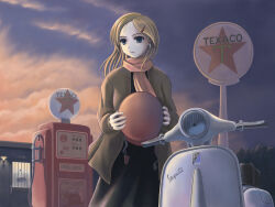 1girl archived_source black_eyes blonde_hair cloud cloudy_sky coat commentary_request dress dusk expressionless gas_station helmet holding holding_helmet long_hair looking_to_the_side motor_vehicle original scarf scooter sky solo twoirons vespa