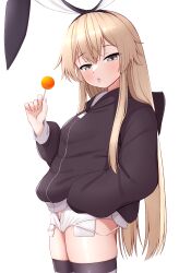 Rule 34 | 1girl, absurdres, alternate costume, black jacket, blonde hair, blush, candy, chupa chups, cowboy shot, fingernails, food, hair between eyes, highres, holding, holding candy, holding food, hood, hood down, hooded jacket, jacket, kantai collection, lollipop, long hair, long sleeves, open mouth, shimakaze (kancolle), short shorts, shorts, simple background, solo, striped clothes, striped thighhighs, thighhighs, tiemu (man190), tongue, tongue out, white background, white shorts, yellow eyes