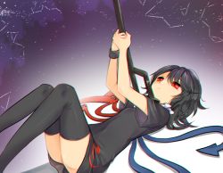 Rule 34 | 1girl, asymmetrical wings, bad id, bad pixiv id, black dress, black hair, black thighhighs, breasts, chromatic aberration, constellation, dress, expressionless, houjuu nue, knees together feet apart, looking up, lying, misha (hoongju), on back, pisces (constellation), polearm, red eyes, short dress, short hair, short sleeves, sky, small breasts, solo, star (sky), starry sky, suicide, thighhighs, touhou, trident, weapon, wings, wrist cuffs