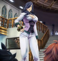 Rule 34 | 1girl, amamiya tsubaki, black hair, bracelet, breasts, cleavage, cleavage cutout, clothing cutout, earrings, god eater, green eyes, hair over one eye, hand on own hip, jewelry, large breasts, long hair, looking down, nail polish, pants, screencap, stitched, tagme, third-party edit