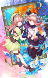 Rule 34 | 2girls, :d, atelier (series), atelier lydie &amp; suelle, black footwear, black gloves, black hairband, black legwear, black ribbon, black skirt, book, boots, breasts, brown hair, closed mouth, crescent, crop top, dress, fire, flower, frilled hairband, frills, gem, gloves, green dress, gun, hair between eyes, hair ribbon, hairband, highres, holding hands, interlocked fingers, long hair, looking at viewer, looking to the side, lydie marlen, medium breasts, multiple girls, open mouth, painting (object), picture frame, pleated skirt, puffy short sleeves, puffy sleeves, red eyes, red gemstone, ribbon, rose, shirt, short sleeves, siblings, side ponytail, single glove, sisters, skirt, smile, suelle marlen, swd3e2, thighhighs, twins, water, weapon, white flower, white rose, white shirt, wrist cuffs