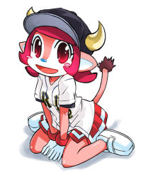 Rule 34 | 1girl, :d, baseball jersey, buffalo bell, clothes writing, gloves, hat, horns, jersey, mascot, muramasa mikado, nippon professional baseball, open mouth, orix buffaloes, pink hair, pleated skirt, pointy ears, red eyes, short hair, simple background, sitting, skirt, smile, solo, tail, wariza