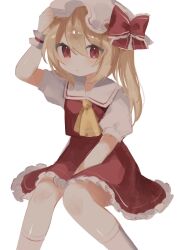 Rule 34 | 1girl, ascot, blonde hair, bow, chicachang, crystal, flandre scarlet, hat, hat ribbon, highres, mob cap, one side up, puffy short sleeves, puffy sleeves, red eyes, red skirt, red vest, ribbon, short sleeves, side ponytail, sitting, skirt, solo, touhou, vest, white hat, yellow ascot