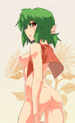 Rule 34 | 1girl, arm behind head, ass, bad id, bad pixiv id, bottomless, breasts, female focus, from behind, green hair, isada (daisa), kazami yuuka, looking at viewer, medium breasts, naked vest, nipples, open clothes, orange eyes, plaid, plaid vest, puffy nipples, short hair, solo, touhou, vest