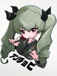 Rule 34 | 1girl, anchovy (girls und panzer), anzio military uniform, artist request, blush, breasts, character name, clenched teeth, drill hair, girls und panzer, green hair, hair ribbon, highres, long hair, looking at viewer, military uniform, pointer, red eyes, ribbon, riding crop, simple background, solo, tears, teeth, twintails, uniform, very long hair, white background