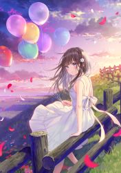 Rule 34 | 1girl, arm support, balloon, bare arms, bare shoulders, blue eyes, blush, braid, breasts, brown hair, closed mouth, cloud, cloudy sky, commentary request, dress, fence, floating hair, flower, fukahire (ruinon), hair flower, hair ornament, highres, holding, holding balloon, long hair, looking at viewer, looking to the side, original, outdoors, petals, pink flower, red flower, sitting, sitting on fence, sky, sleeveless, sleeveless dress, small breasts, smile, solo, sunset, white dress, white flower