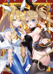 Rule 34 | 2girls, ahoge, animal ears, artoria pendragon (all), artoria pendragon (fate), artoria pendragon (swimsuit ruler) (fate), ass, black legwear, blonde hair, blue eyes, blue pantyhose, bradamante (fate), bradamante (welcome bunny) (fate), breasts, card, commentary request, fake animal ears, fate/grand order, fate (series), fishnet pantyhose, fishnets, green eyes, highres, kan&#039;yu (citron 82), large breasts, leotard, long hair, looking at viewer, multiple girls, navel, necktie, pantyhose, playboy bunny, playing card, poker chip, ponytail, rabbit ears, rabbit tail, smile, tail, twintails
