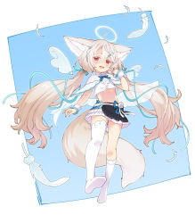 Rule 34 | 1girl, :d, ahoge, animal ear fluff, animal ears, asymmetrical legwear, blue background, blue ribbon, brown hair, commentary, commission, copyright request, detached wings, english commentary, feathers, fox ears, fox girl, fox tail, full body, hair between eyes, hair ribbon, halo, hand up, highres, jigatei (omijin), kneehighs, long hair, low twintails, mini wings, no shoes, open mouth, red eyes, ribbon, sakurada shiro (hy plus), single kneehigh, single sock, single thighhigh, smile, socks, soles, solo, tail, thighhighs, twintails, two-tone background, very long hair, white background, white feathers, white socks, white wings, wings