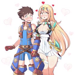 Rule 34 | 1boy, 1girl, absurdres, arm hug, bare shoulders, blonde hair, breasts, chest jewel, cleavage, cleavage cutout, clothing cutout, dress, earrings, elbow gloves, gem, gloves, headpiece, highres, jarckius, jewelry, large breasts, long hair, mythra (xenoblade), rex (xenoblade), short dress, surprised, swept bangs, thighs, tiara, tsundere, very long hair, white dress, white gloves, xenoblade chronicles (series), xenoblade chronicles 2, yellow eyes